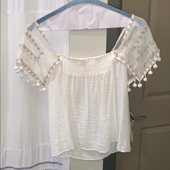 Ramy Brook off the shoulder white Pom Pom blouse - Picture 2 of 5